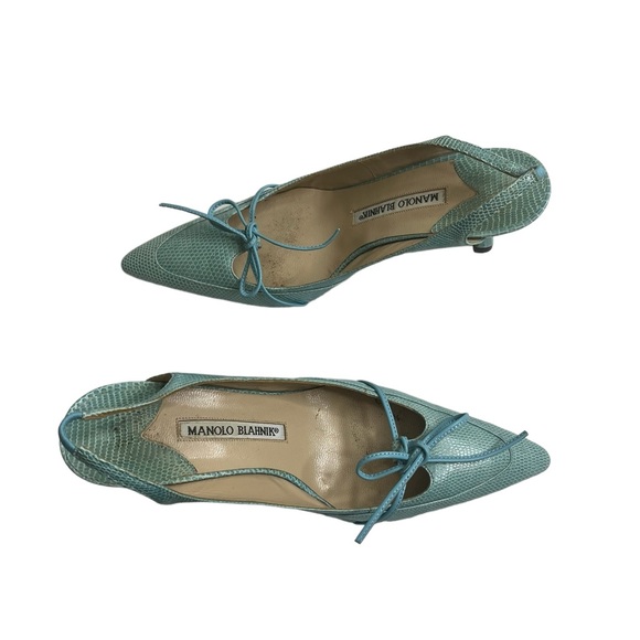 MANOLO BLAHNIK Reptile Skin Leather SHOES Slingbacks Heels Pump blue size 37 - Picture 2 of 15